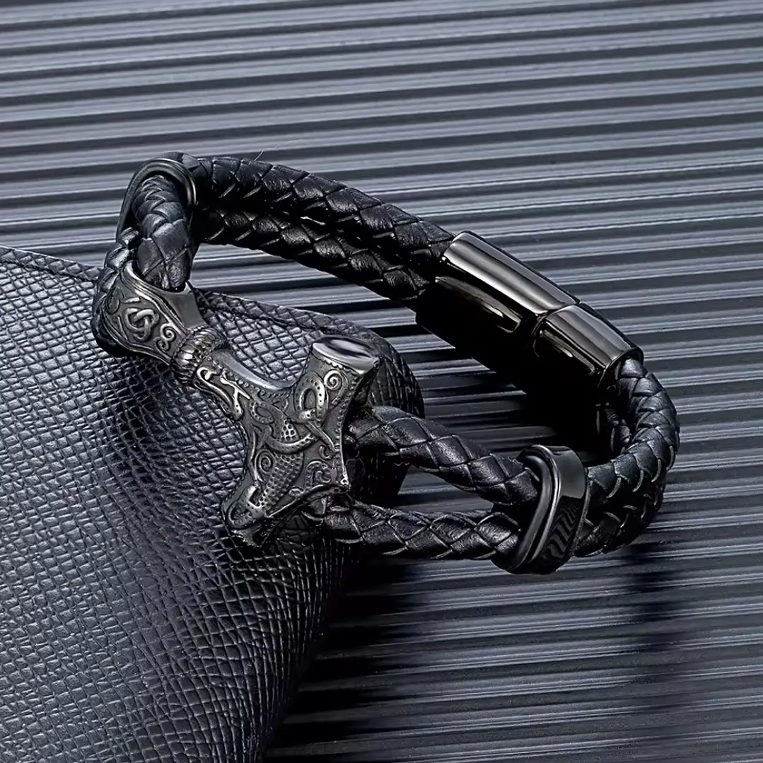 Pulsera Cuero Mjolnir, con Martillo Thor Acero Inoxidable 4