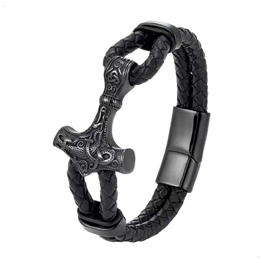 Pulsera Cuero Mjolnir, con Martillo Thor Acero Inoxidable 1