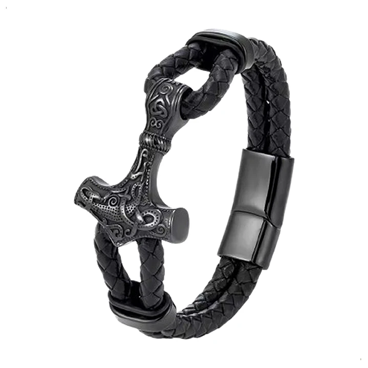 Pulsera Cuero Mjolnir, con Martillo Thor Acero Inoxidable 1
