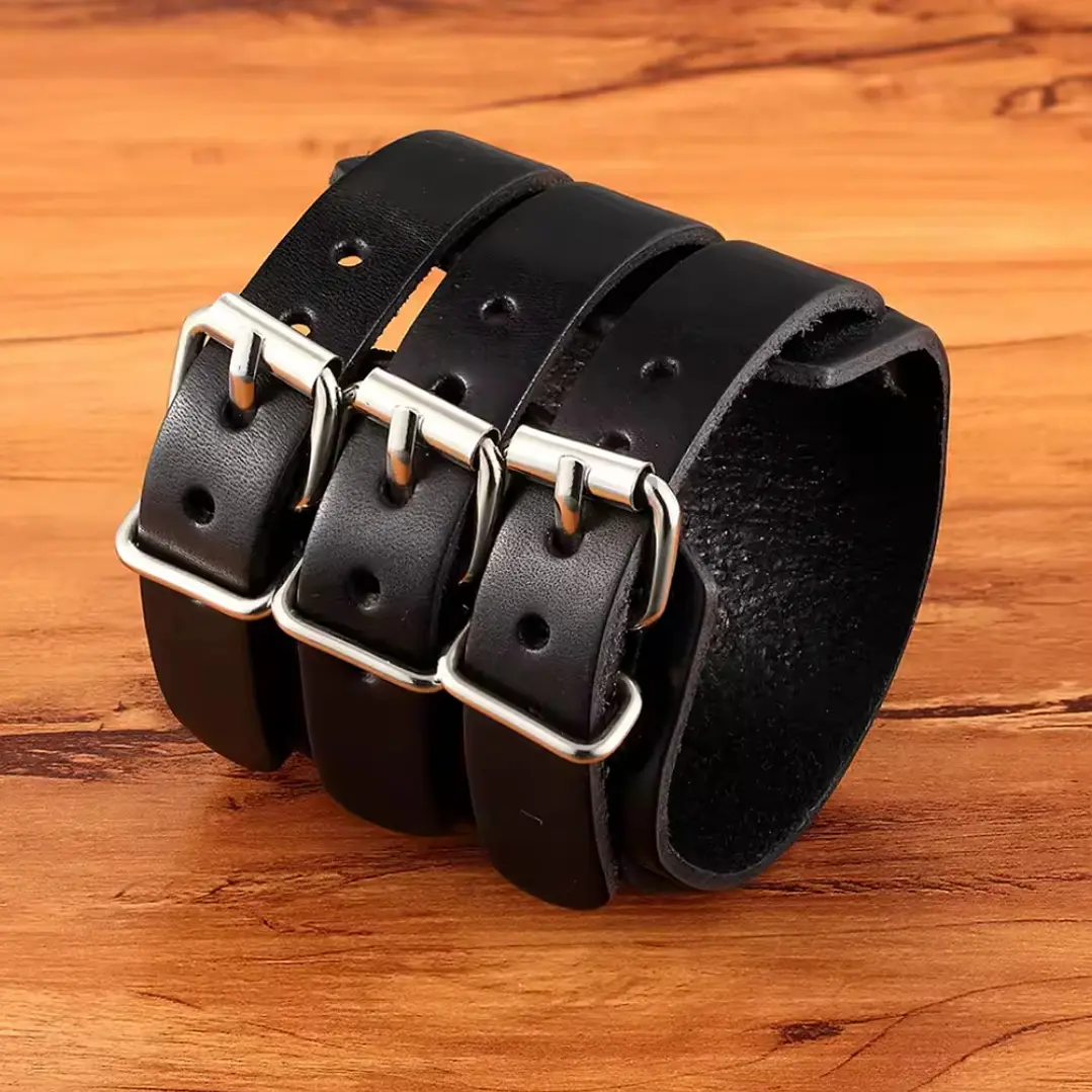 Pulsera Muñequera Cuero Negro Hebilla Ajustable, Hombre 3