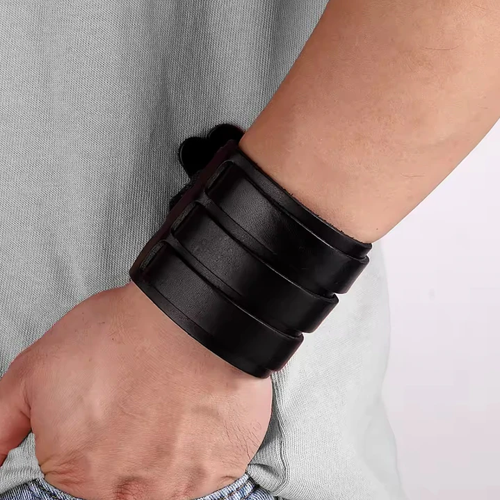 Pulsera Muñequera Cuero Negro Hebilla Ajustable, Hombre 2