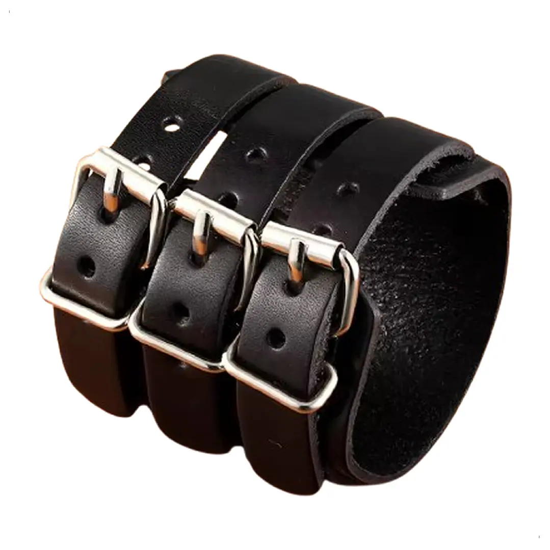 Pulsera Muñequera Cuero Negro Hebilla Ajustable, Hombre 1