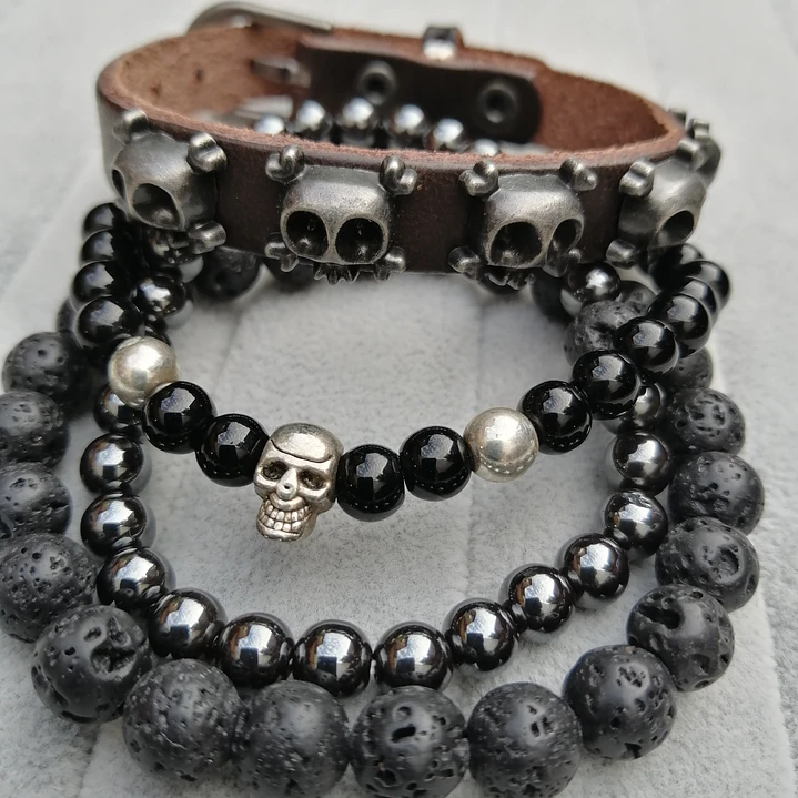 Conjunto Pulseras Piedras Naturales y Calaveras, Unisex 4
