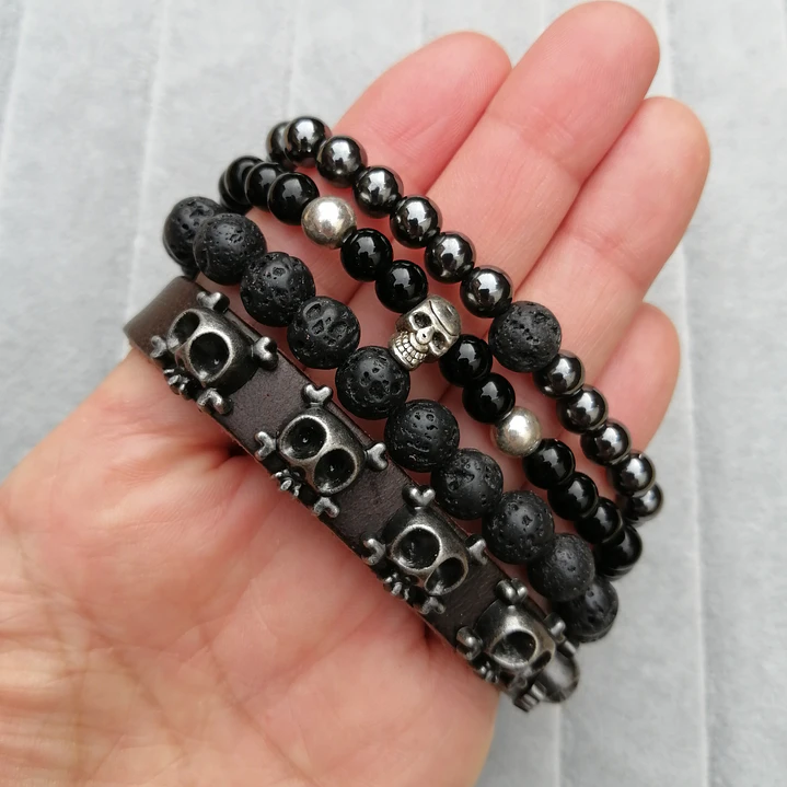 Conjunto Pulseras Piedras Naturales y Calaveras, Unisex 3