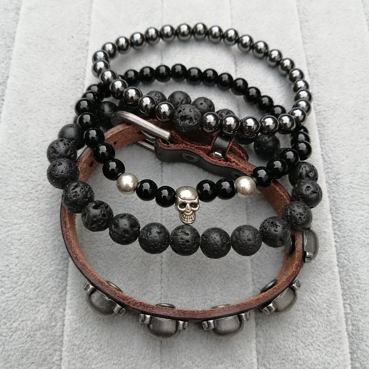 Conjunto Pulseras Piedras Naturales y Calaveras, Unisex 5
