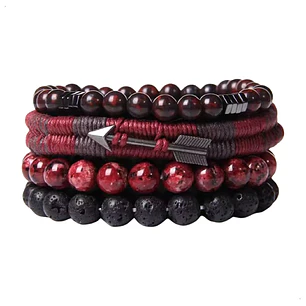 Conjunto Pulseras Piedras Naturales Red and Black, Unisex