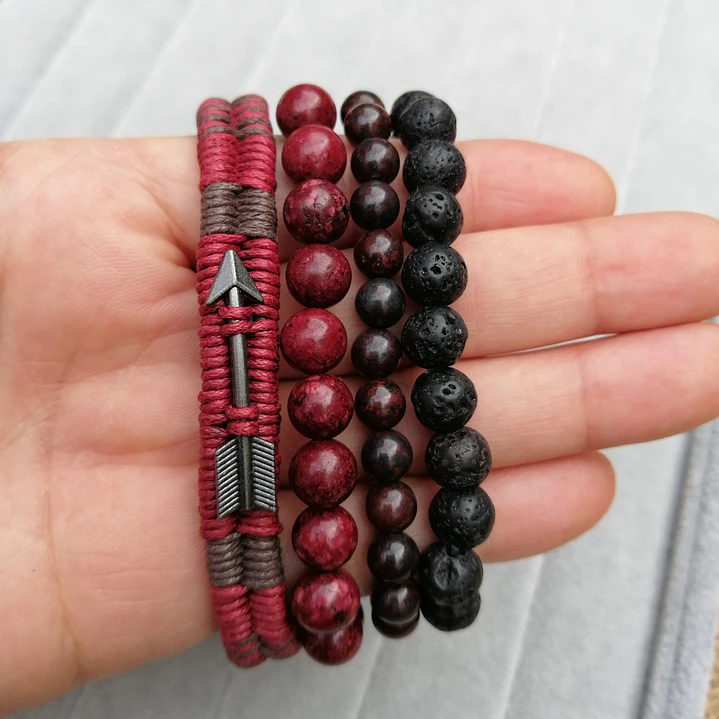Conjunto Pulseras Piedras Naturales Red and Black, Unisex 3