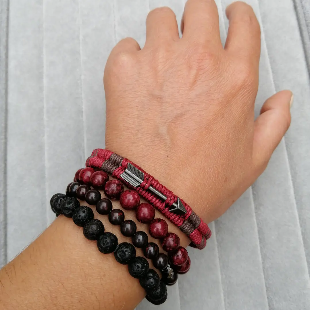 Conjunto Pulseras Piedras Naturales Red and Black, Unisex 2