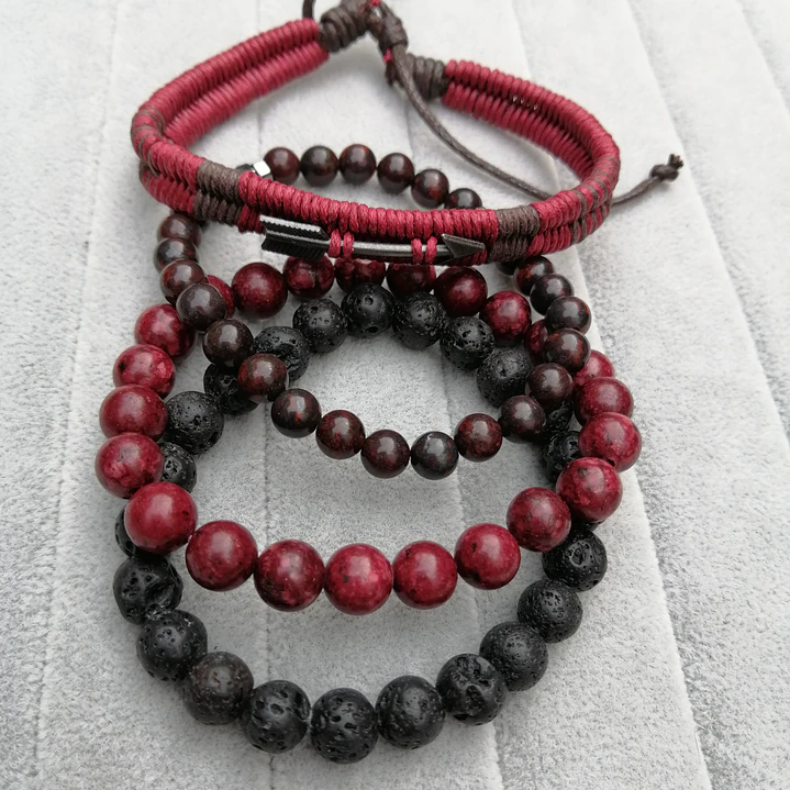 Conjunto Pulseras Piedras Naturales Red and Black, Unisex 4