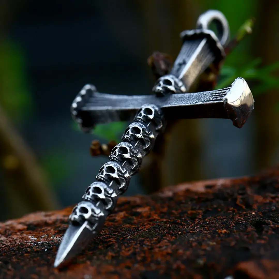 Collar Cruz con Calaveras, Acero Inoxidable Vintage, Hombre 4