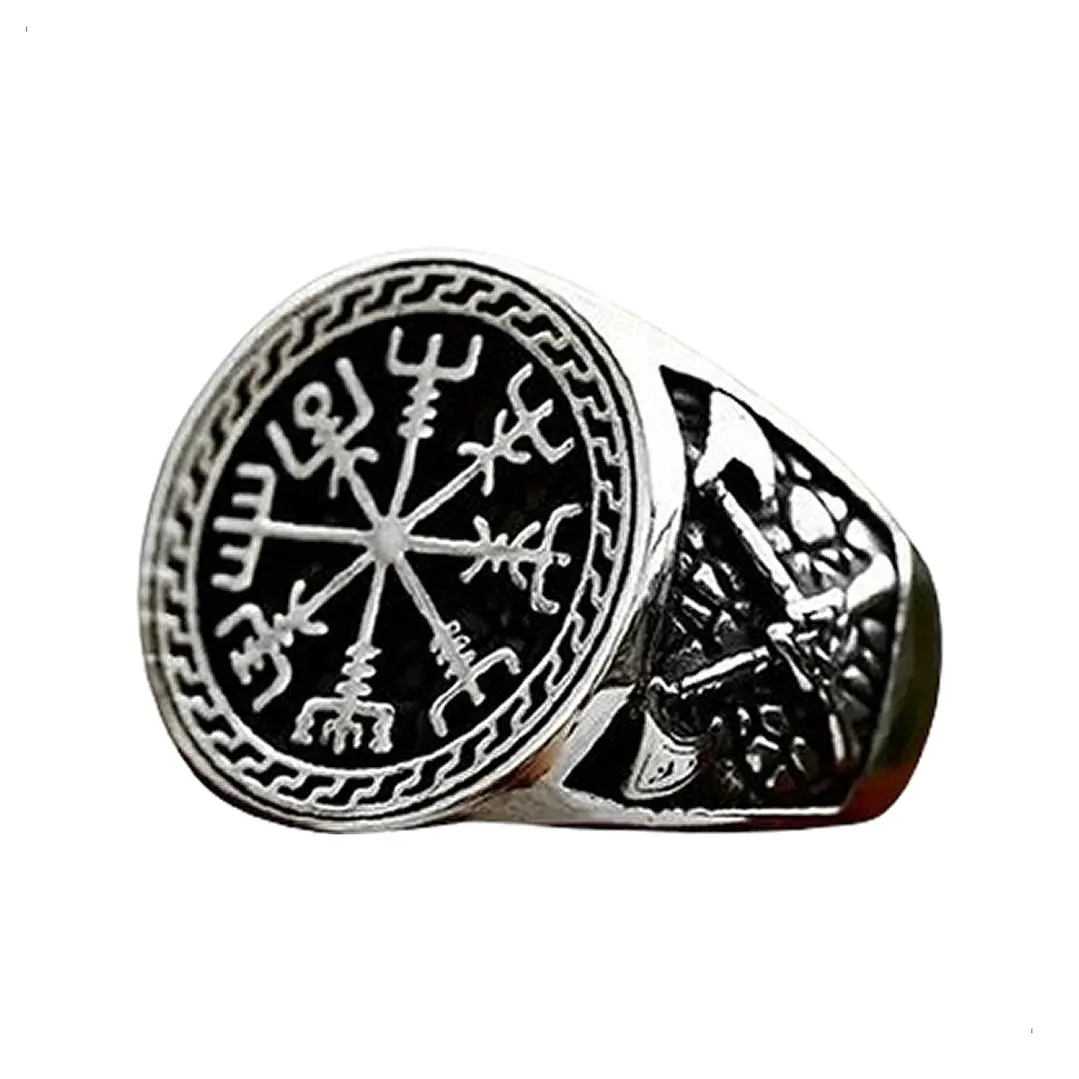 Anillo Vikingo Vegvísir Hachas, Acero Inoxidable, Hombre 1