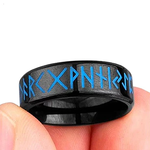 Anillo Vikingo Runas Negro - Celeste, Acero Inoxidable