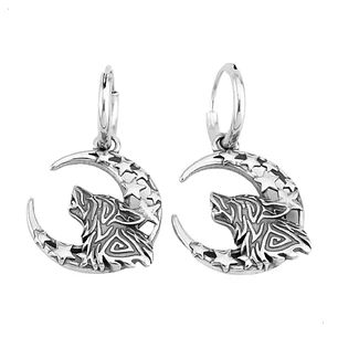 Aros Vikingos Lobo Nórdico Y Luna, Acero Inoxidable, Mujer