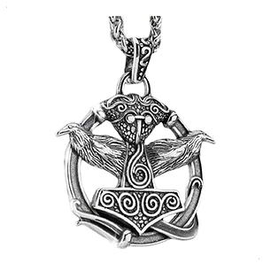 Collar Vikingo Mjölnir Cuervos De Odín, Acero Inox., Hombre