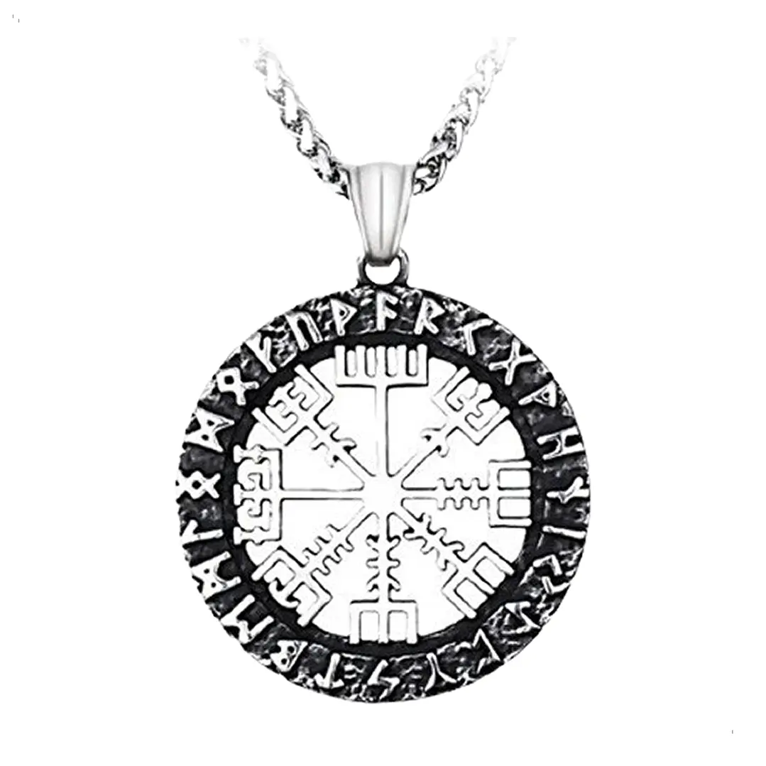 Collar Vikingo Vegvísir Rústico, Acero Inoxidable, Unisex 1
