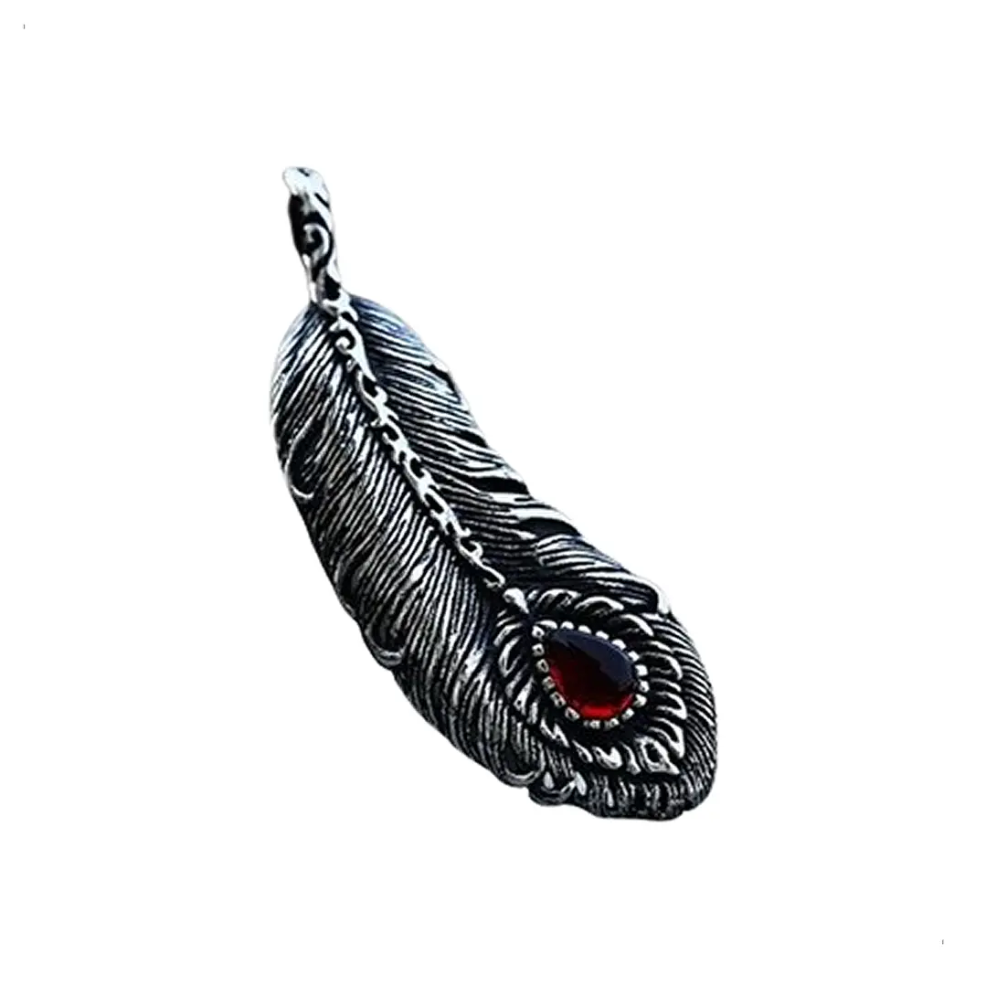 Collar Pluma Con Piedra, Acero Inoxidable, Hombre 1