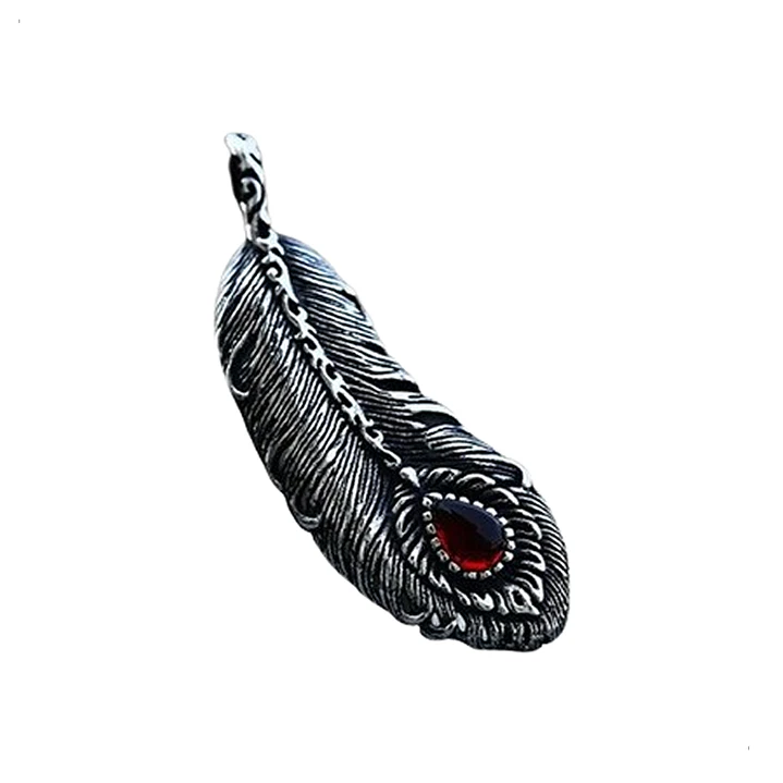 Collar Pluma Con Piedra, Acero Inoxidable, Hombre 1