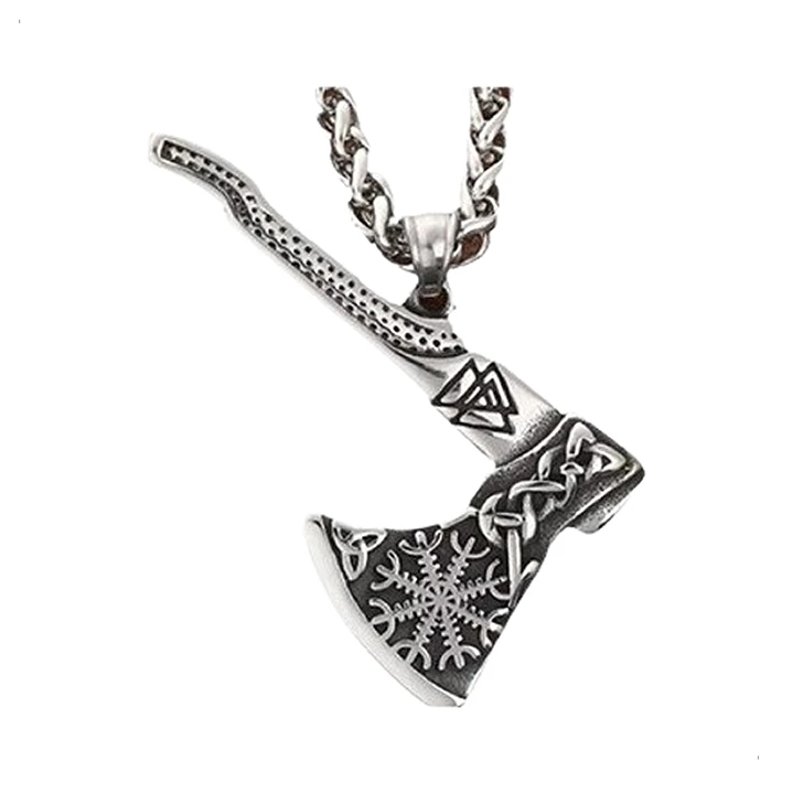 Collar Vikingo Hacha Con Tallado Aegishjalmur, Acero Inox. 1