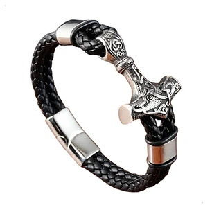 Pulsera Cuero Mjolnir, con Martillo Thor Acero Inox.