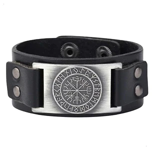 Pulsera Vikinga Vegvísir, Cuero Vegano Negro, Con Broche