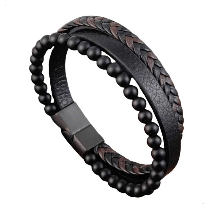 Pulsera Cuero Multicapa, Ónix Opaco, Cierre Magnético 1