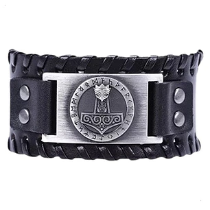 Pulsera Vikinga Mjölnir, Cuero Vegano Negro O Café