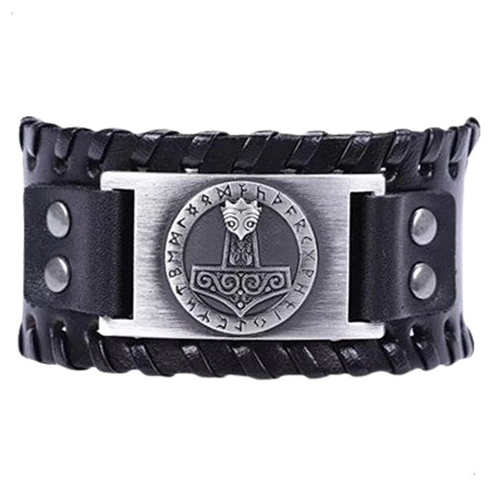 Pulsera Vikinga Mjölnir, Cuero Vegano Negro O Café 1