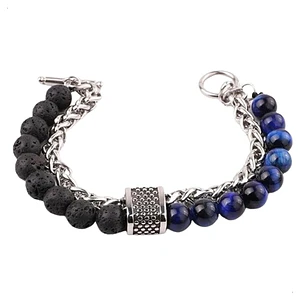 Pulsera Piedras Naturales, Lava , Ojo De Tigre, Cadena Acero