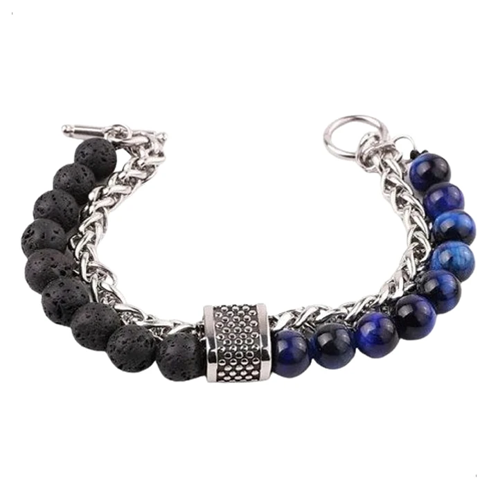 Pulsera Piedras Naturales, Lava , Ojo De Tigre, Cadena Acero 1