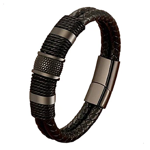 Pulsera Cuero Black Modelo Oslo, Cierre Magnético, Hombre