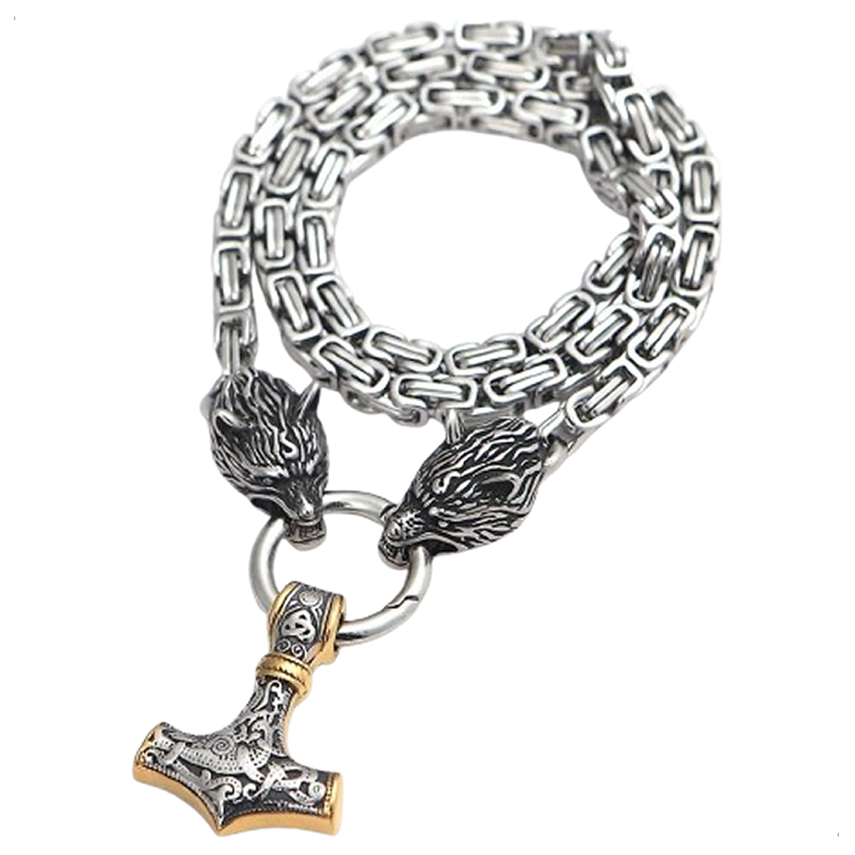 Collar Vikingo Martillo Thor Y Lobos, Acero Inox. + Bolsita 7