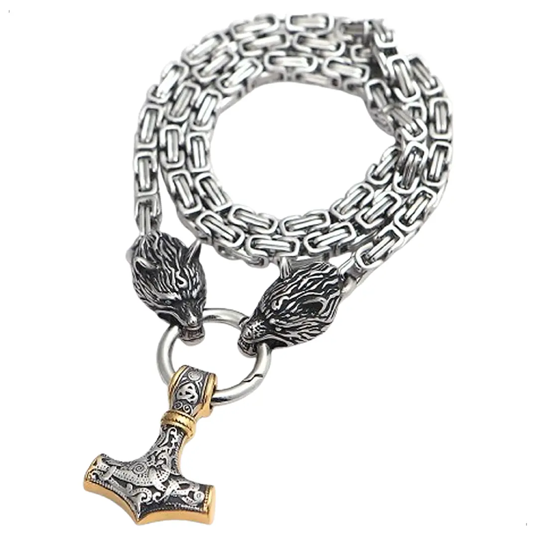 Collar Vikingo Martillo Thor Y Lobos, Acero Inox. + Bolsita 7