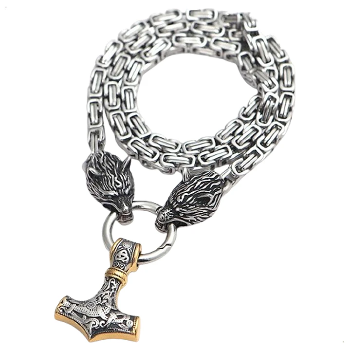 Collar Vikingo Martillo Thor Y Lobos, Acero Inox. + Bolsita 7