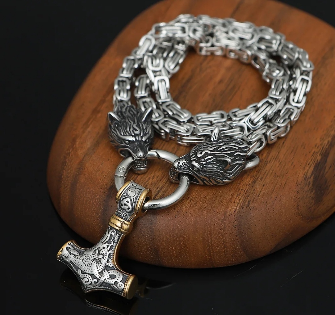 Collar Vikingo Martillo Thor Y Lobos, Acero Inox. + Bolsita 8