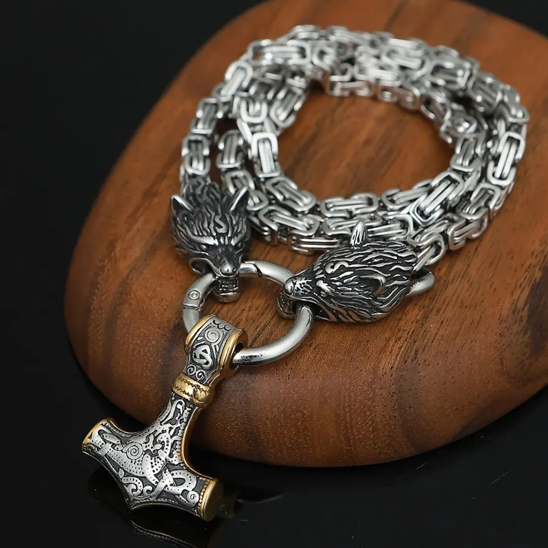 Collar Vikingo Martillo Thor Y Lobos, Acero Inox. + Bolsita 8