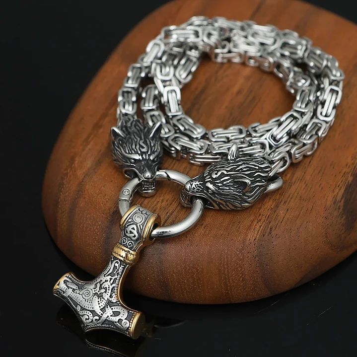 Collar Vikingo Martillo Thor Y Lobos, Acero Inox. + Bolsita 8