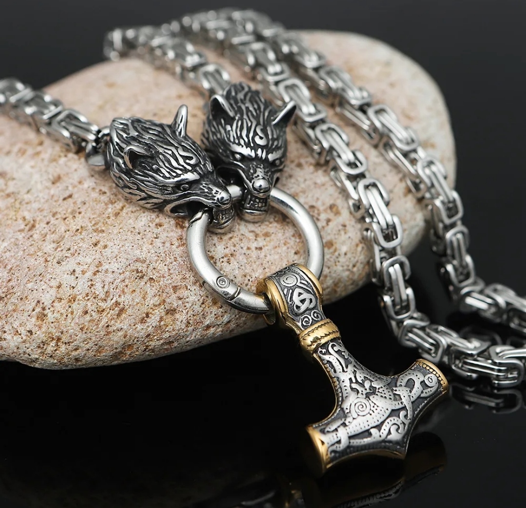 Collar Vikingo Martillo Thor Y Lobos, Acero Inox. + Bolsita 9