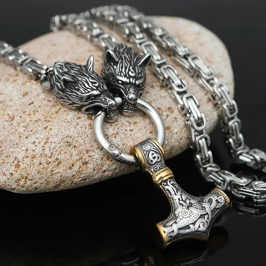 Collar Vikingo Martillo Thor Y Lobos, Acero Inox. + Bolsita 9