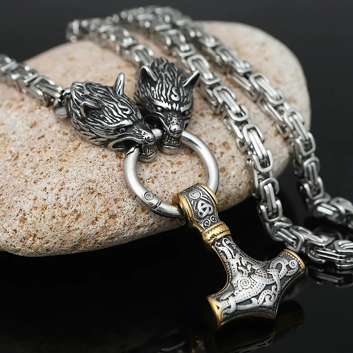 Collar Vikingo Martillo Thor Y Lobos, Acero Inox. + Bolsita 9