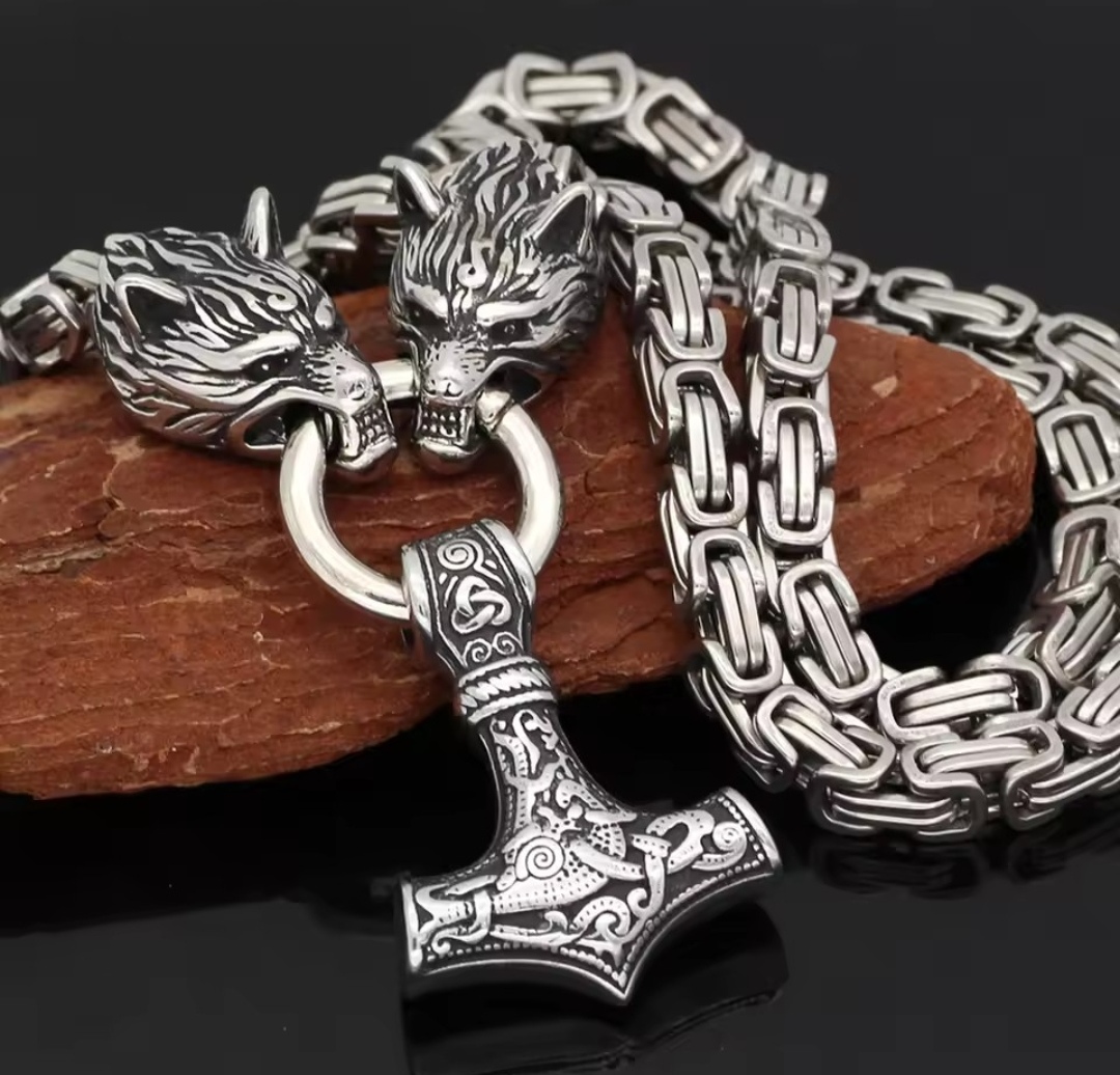 Collar Vikingo Martillo Thor Y Lobos, Acero Inox. + Bolsita 2