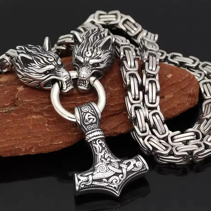 Collar Vikingo Martillo Thor Y Lobos, Acero Inox. + Bolsita 2
