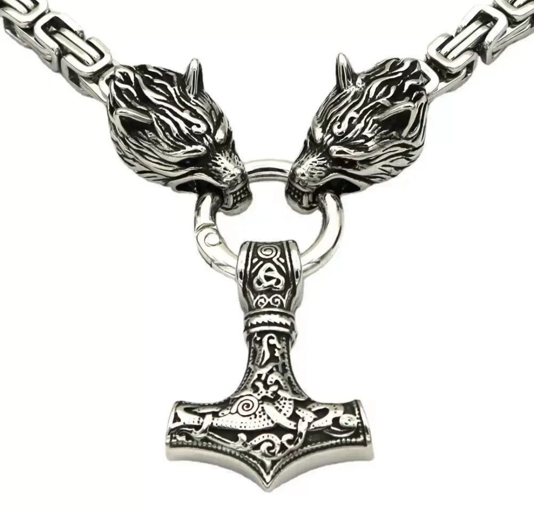 Collar Vikingo Martillo Thor Y Lobos, Acero Inox. + Bolsita 3