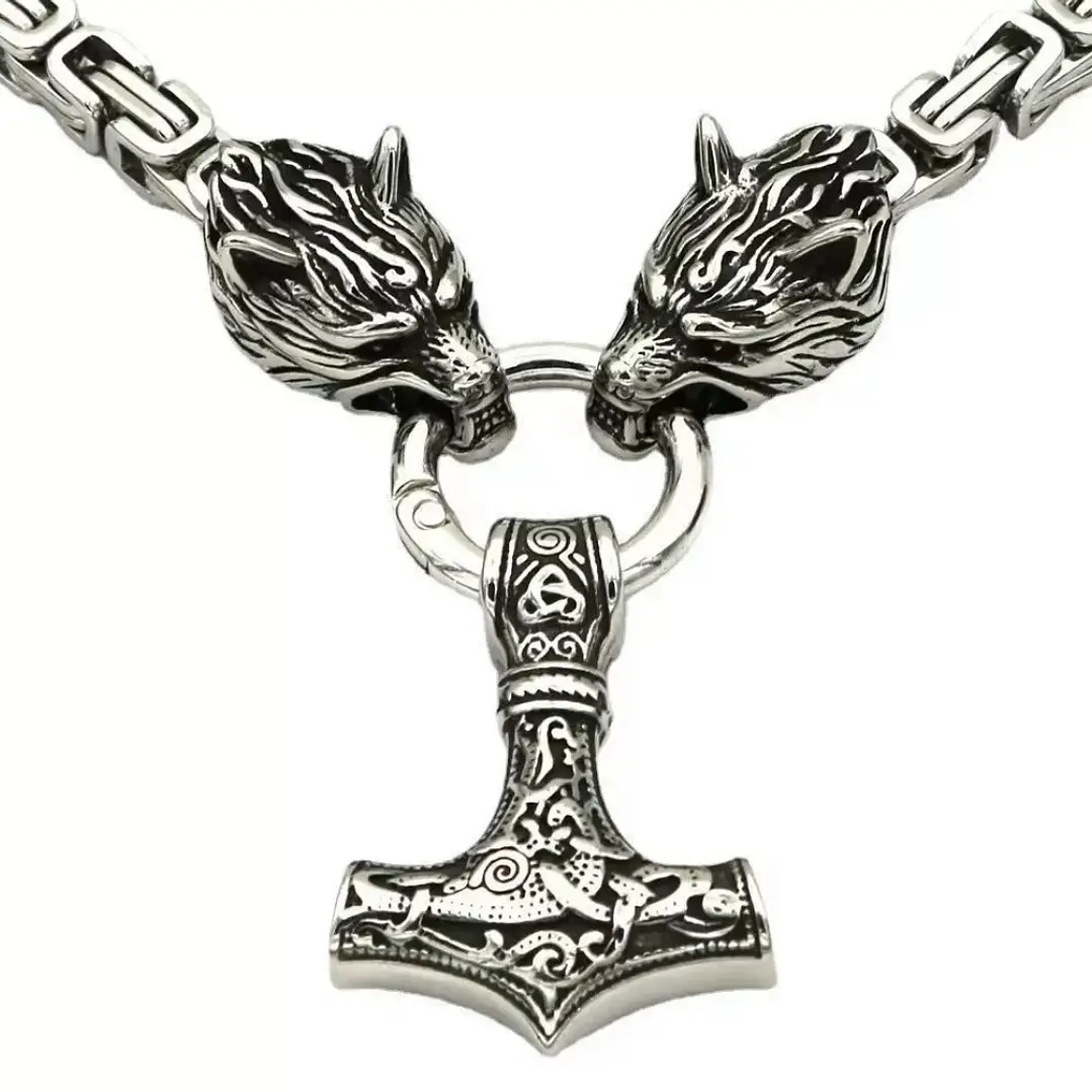Collar Vikingo Martillo Thor Y Lobos, Acero Inox. + Bolsita 3