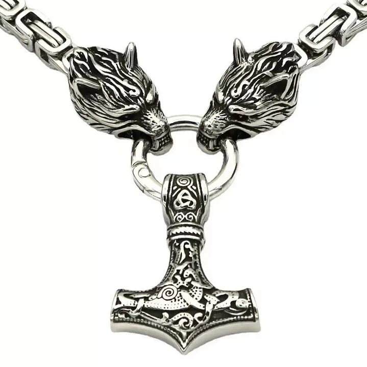 Collar Vikingo Martillo Thor Y Lobos, Acero Inox. + Bolsita 3