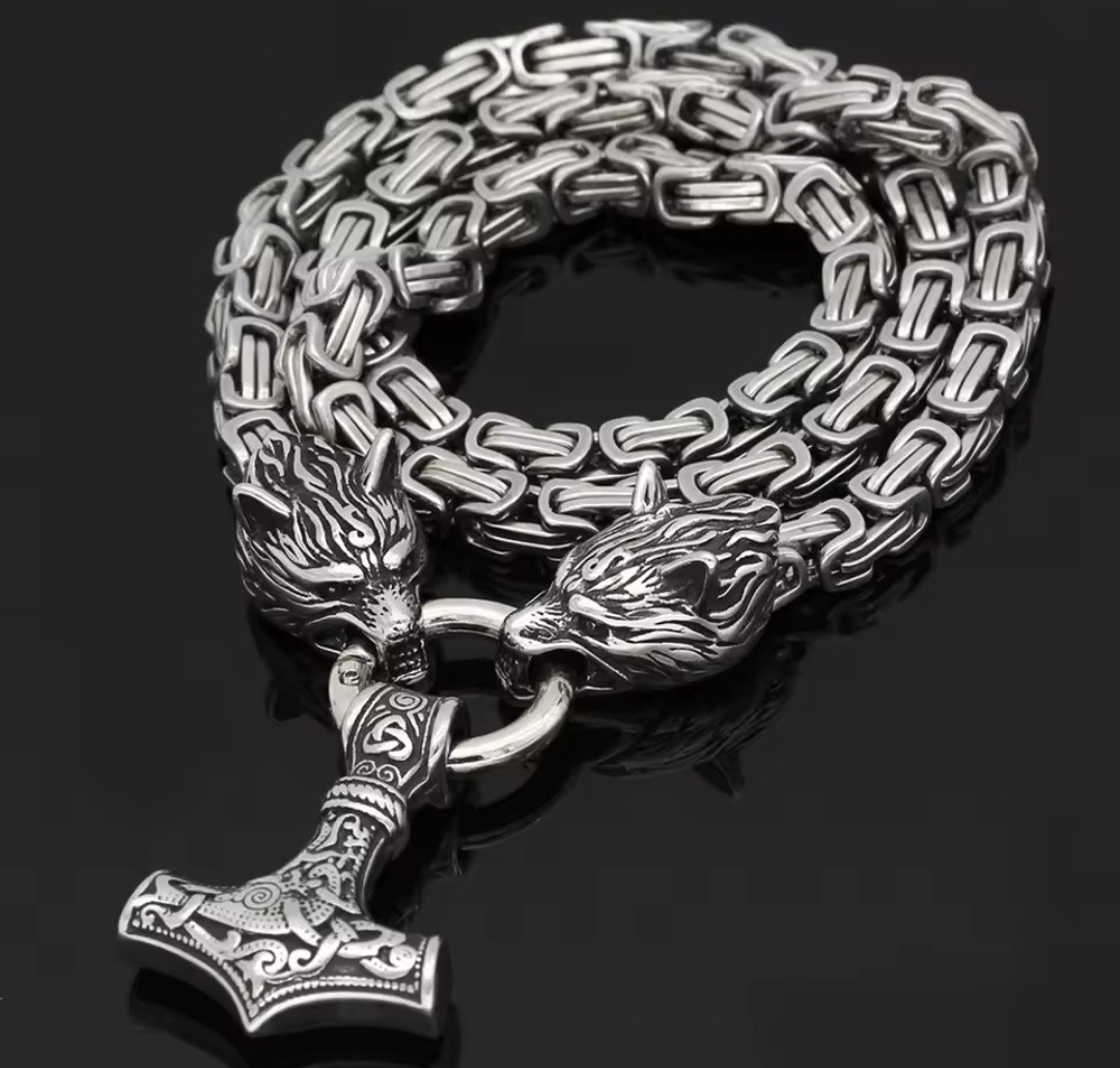 Collar Vikingo Martillo Thor Y Lobos, Acero Inox. + Bolsita 4