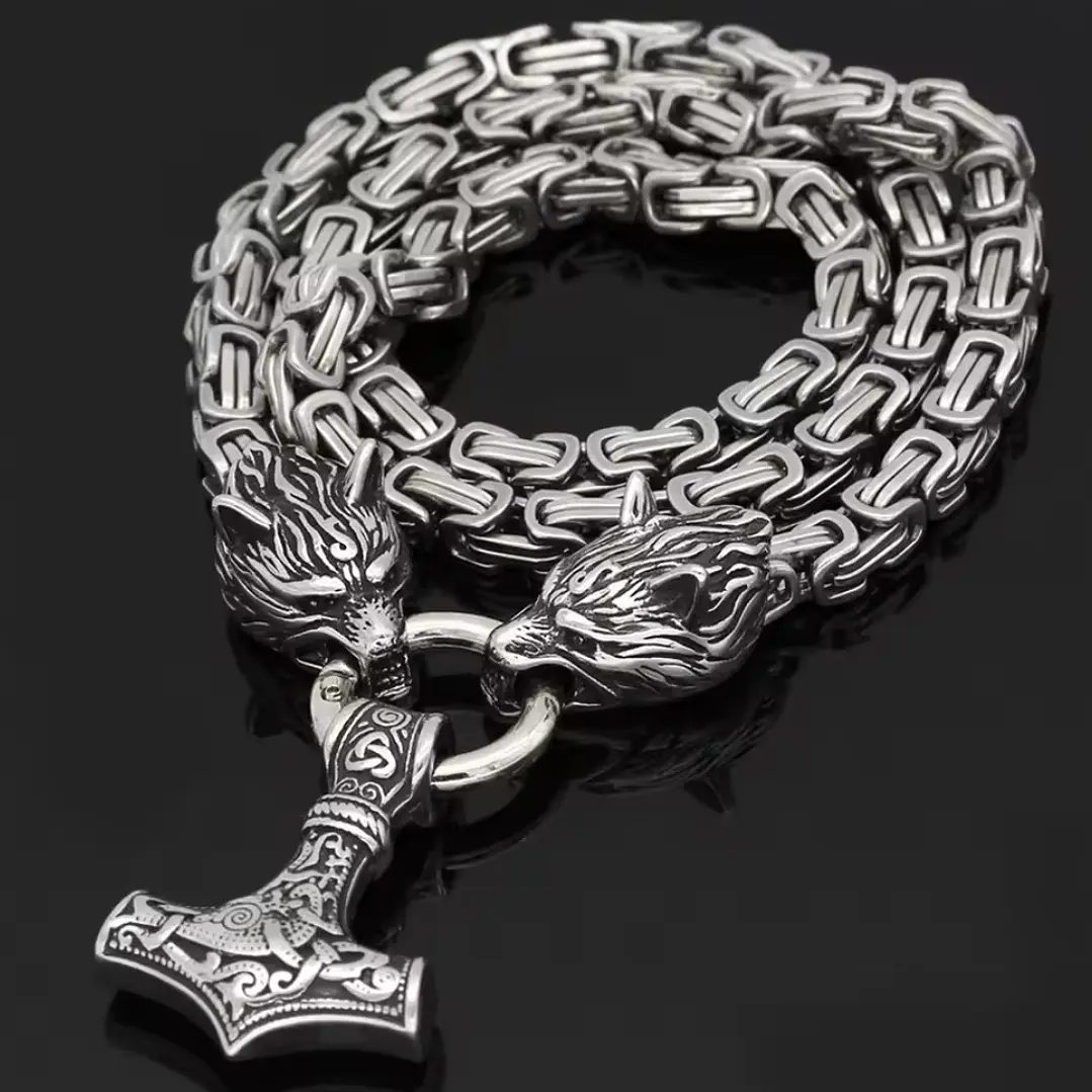Collar Vikingo Martillo Thor Y Lobos, Acero Inox. + Bolsita 4
