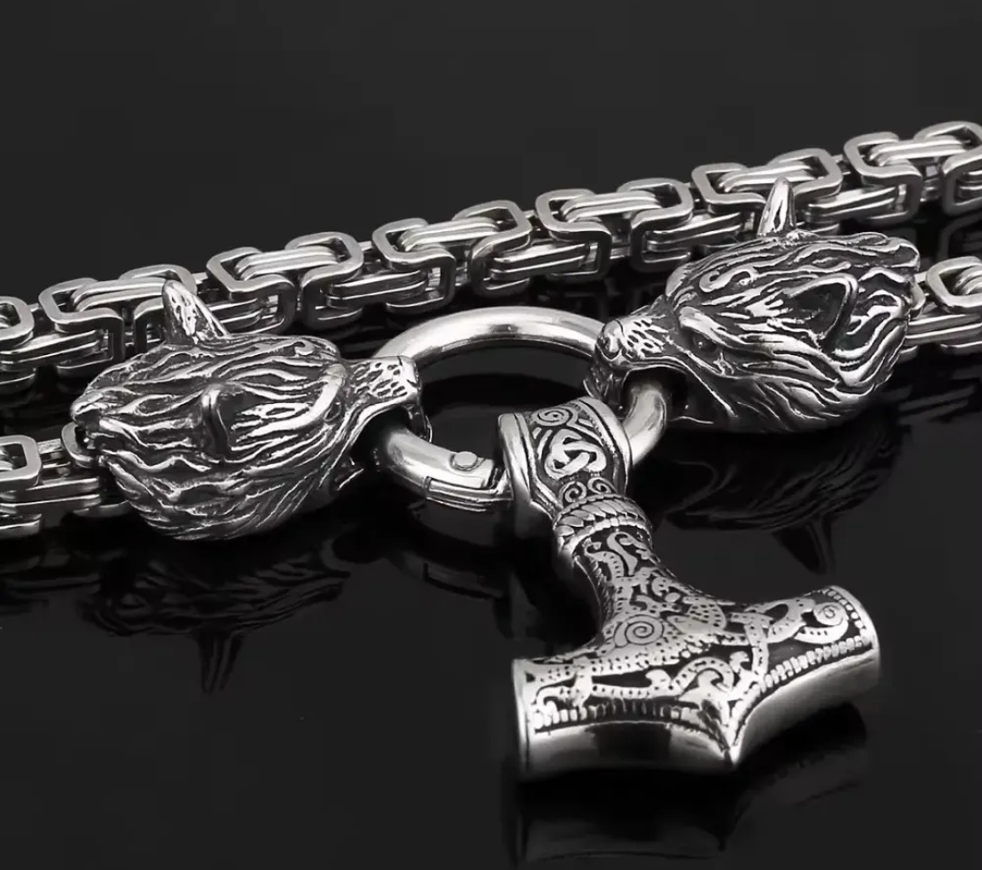 Collar Vikingo Martillo Thor Y Lobos, Acero Inox. + Bolsita 5