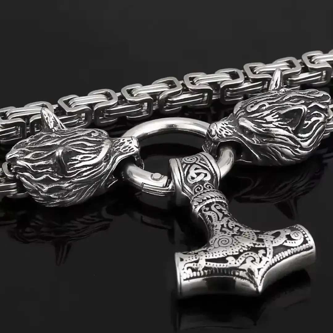 Collar Vikingo Martillo Thor Y Lobos, Acero Inox. + Bolsita 5