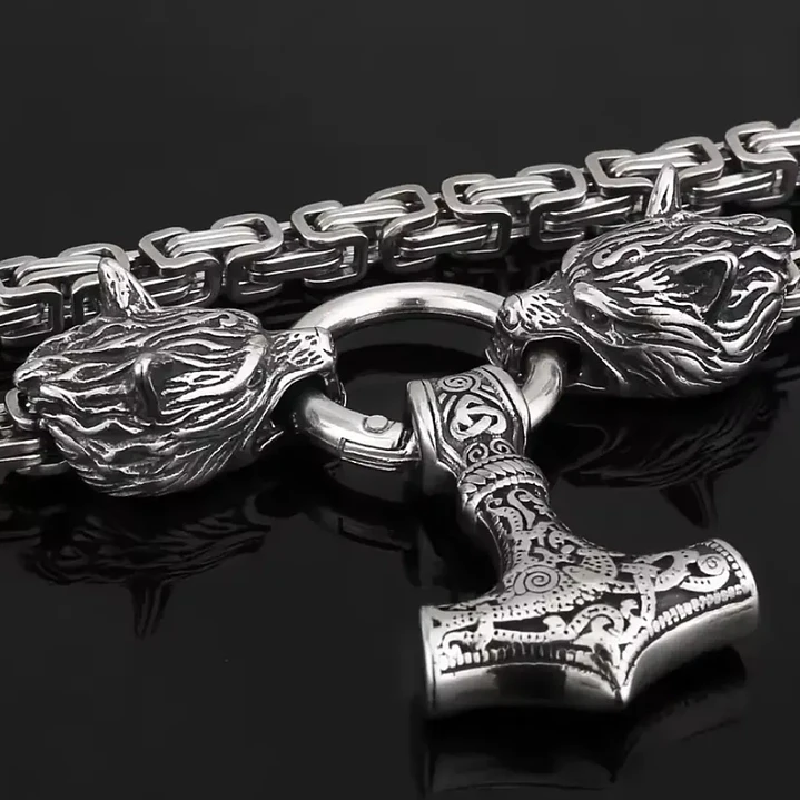 Collar Vikingo Martillo Thor Y Lobos, Acero Inox. + Bolsita 5