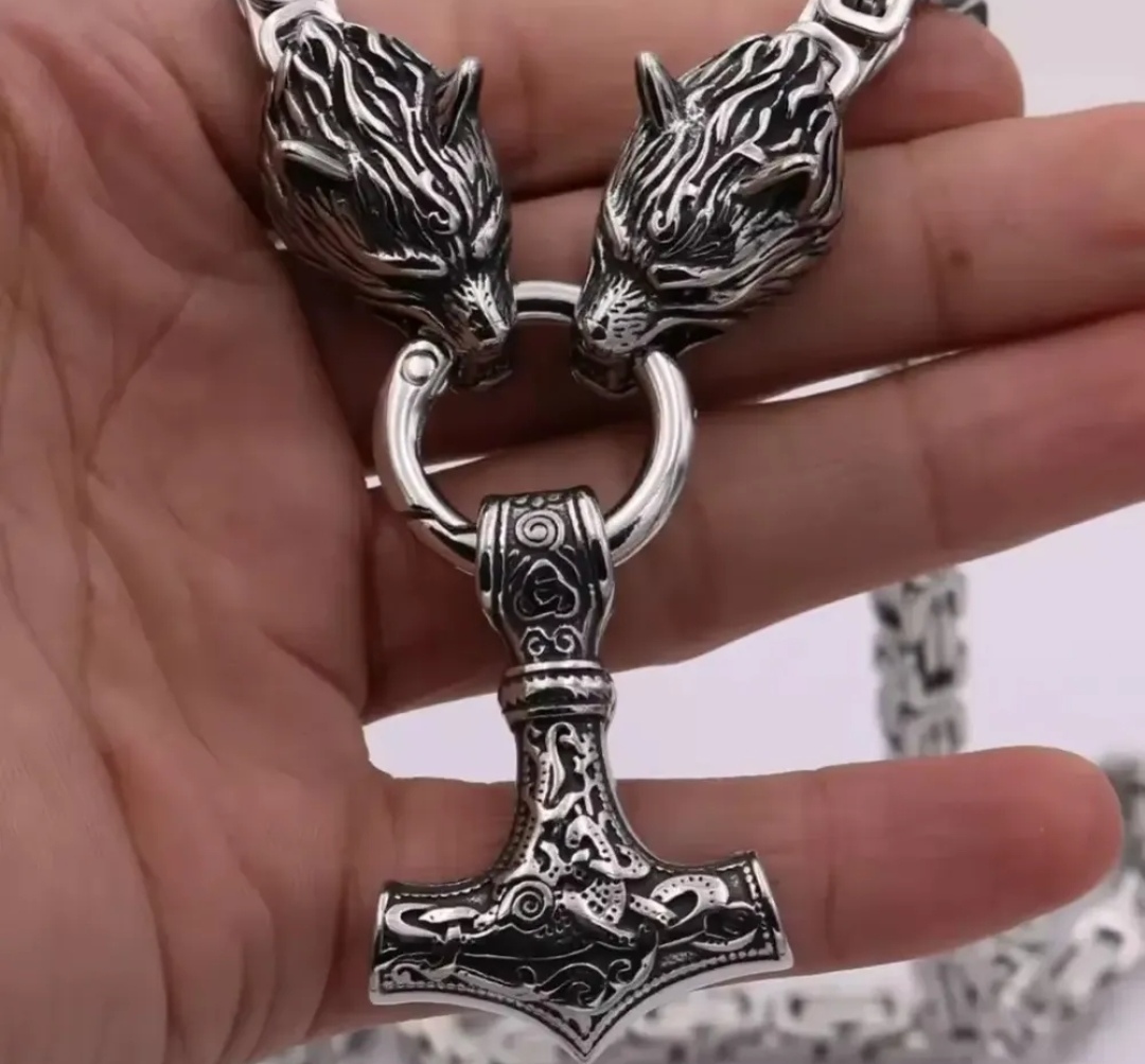 Collar Vikingo Martillo Thor Y Lobos, Acero Inox. + Bolsita 6